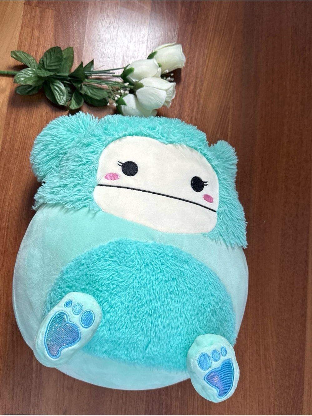 Squishmallows Aqua Plush Monster Pillow with Pink Cheeks